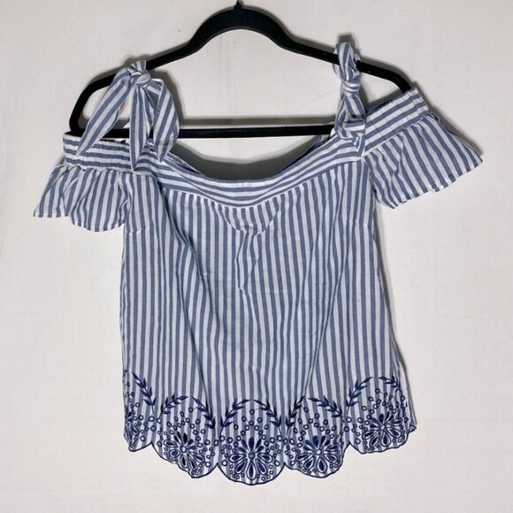 Guess Blue White Striped Off Shoulder Eyelet Trim Top M - Picture 13 of 13